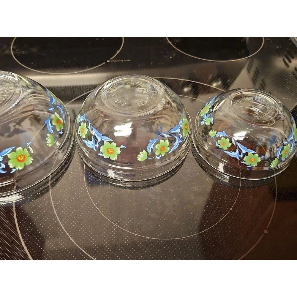Set Of 4 Imperial Glass Green Sunflower Blue Leaves Nesting Bowls EUC